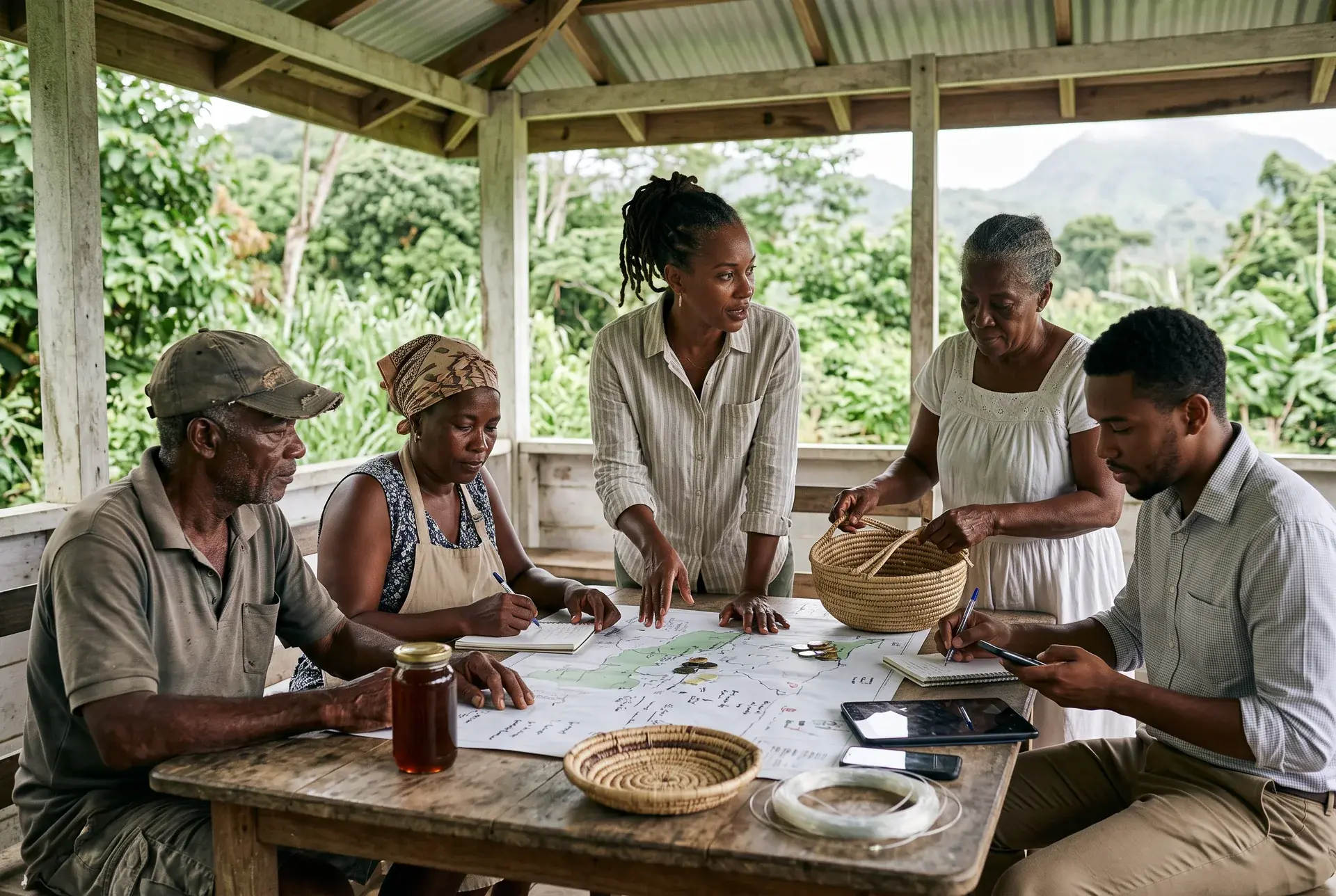 Illustration : des habitants de tous âges préparent un projet commun autour d’une table, sous un carbet.