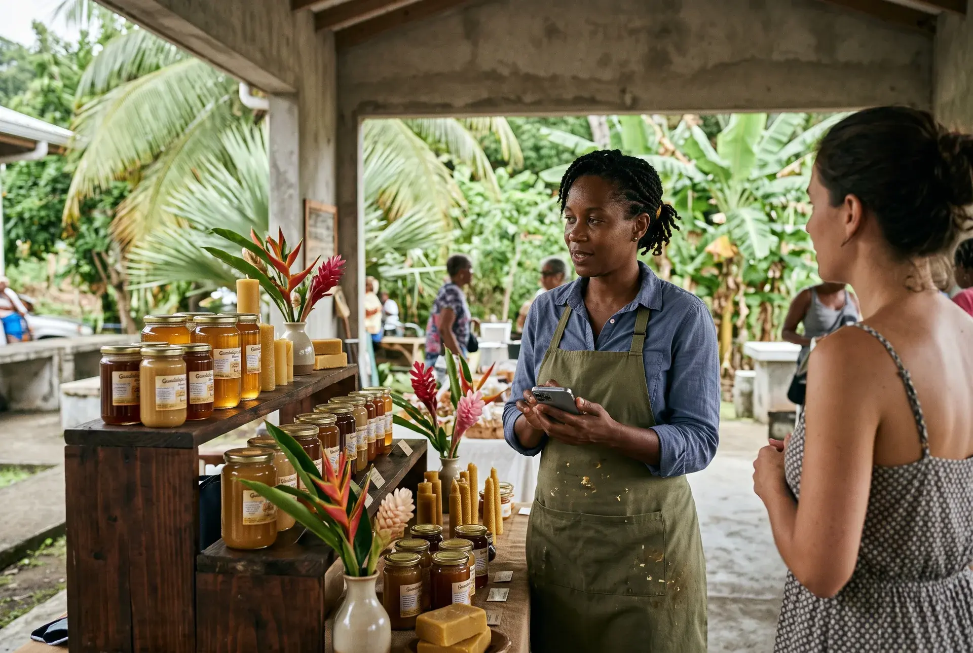 Illustration : une productrice présente son miel et ses créations à une cliente sur un marché tropical.