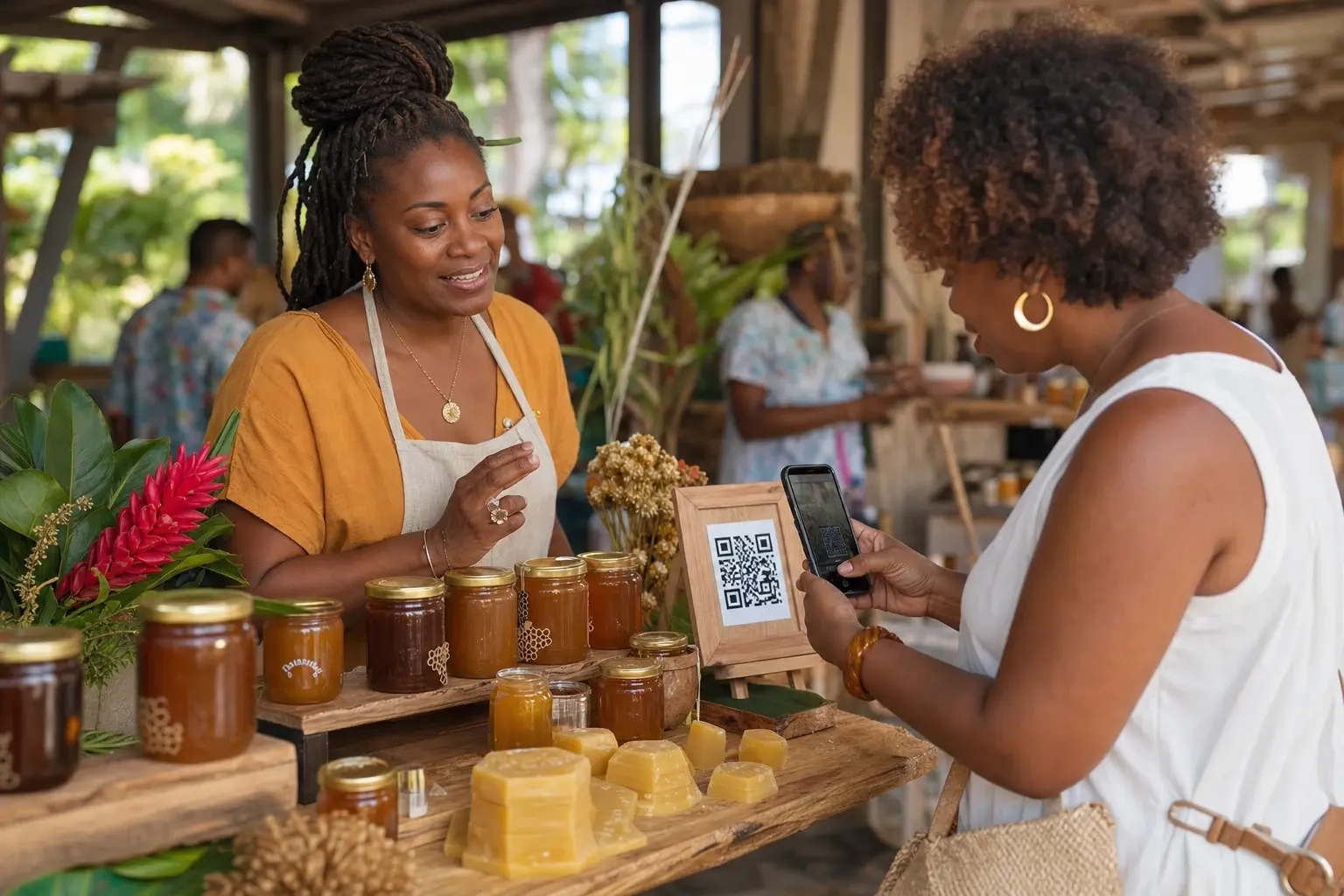 Productrice présentant son miel local sur un marché