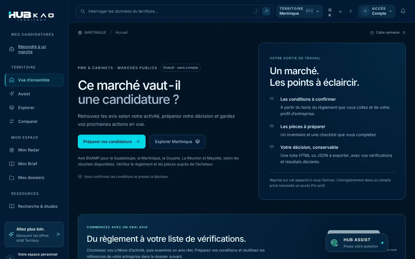 Écran d’accueil de HUB Territory pour la Martinique, en démonstration : préparer une candidature à un marché public, avec les points à éclaircir.