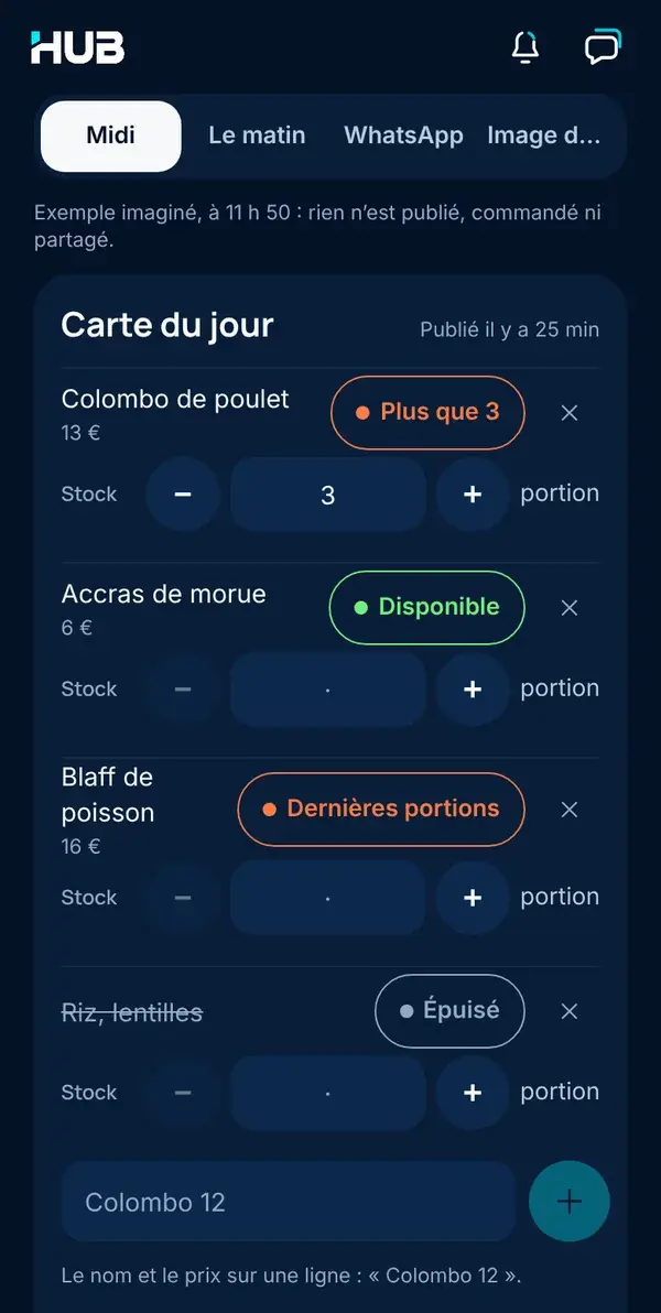 Écran Mon Hub de l’appli HUB : la carte du jour et le stock de chaque plat, avec un exemple imaginé.