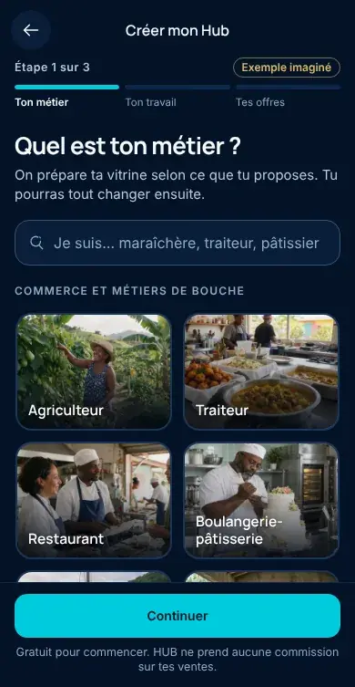 Écran de l’appli HUB, Créer mon Hub, étape 1 : « Quel est ton métier ? » avec des métiers en vignettes.