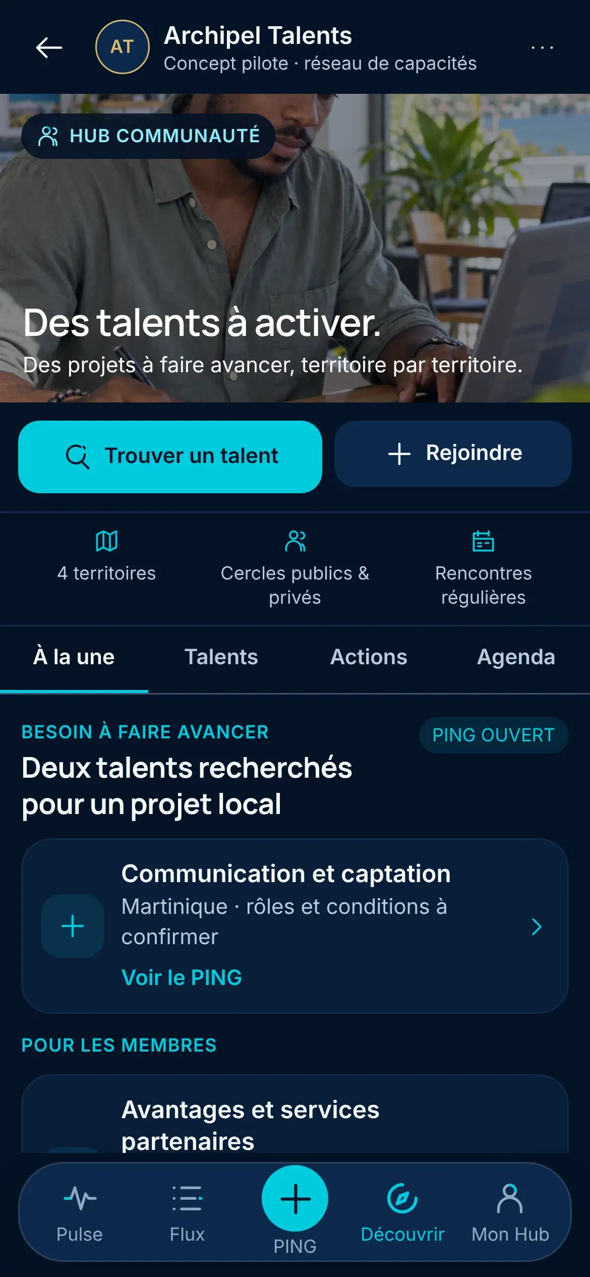 Hub communautaire Archipel Talents : « Des talents à activer », avec les boutons Trouver un talent et Rejoindre.
