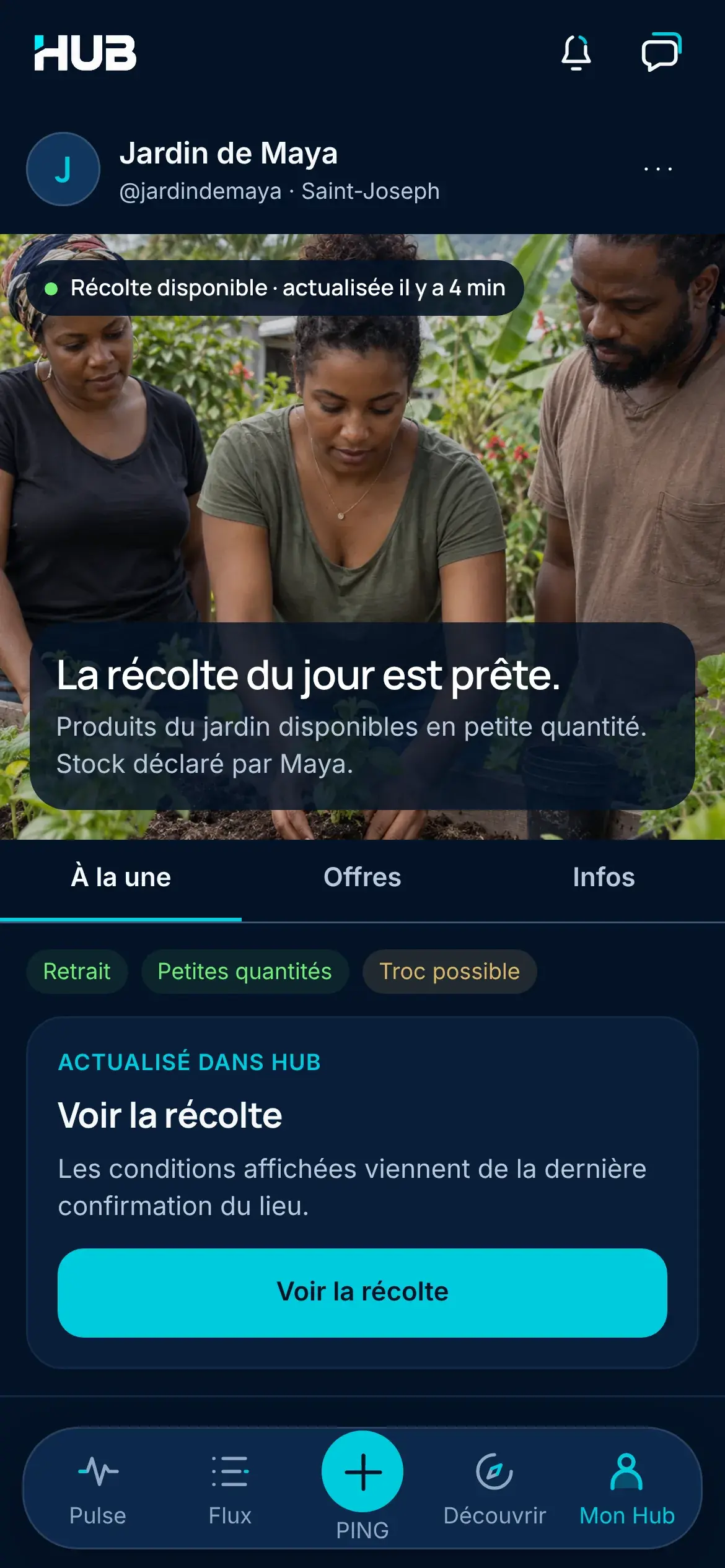 Vitrine Mon Hub du Jardin de Maya à Saint-Joseph : « La récolte du jour est prête », produits disponibles en petite quantité.