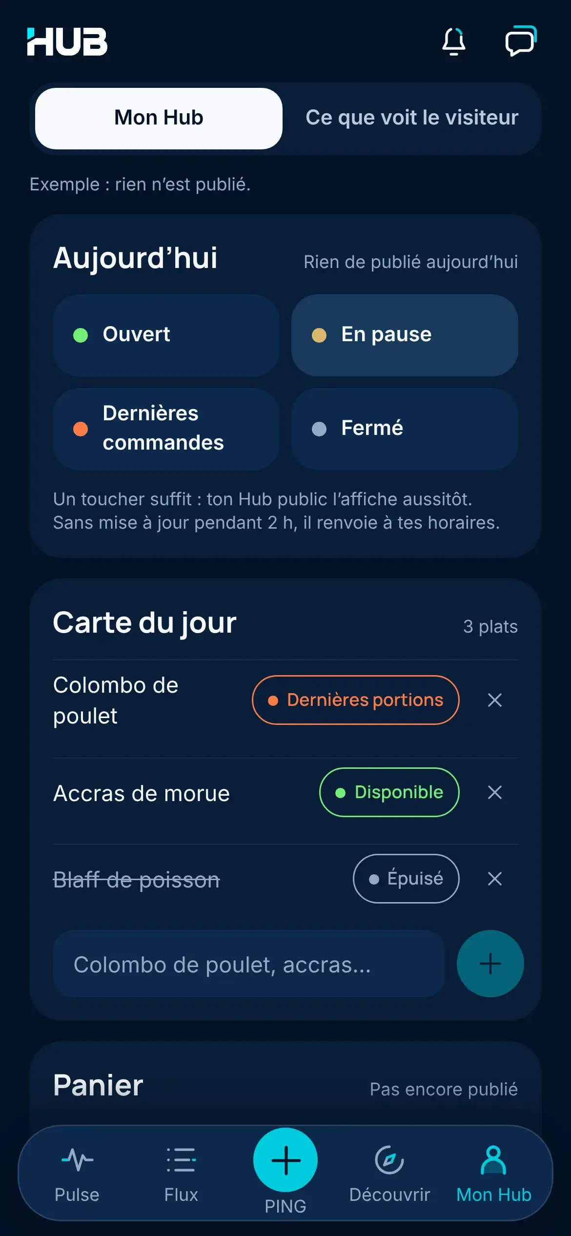 Écran « Aujourd’hui » du restaurant : ouvert, en pause ou fermé, et la carte du jour avec des plats disponibles, en dernières portions ou épuisés.