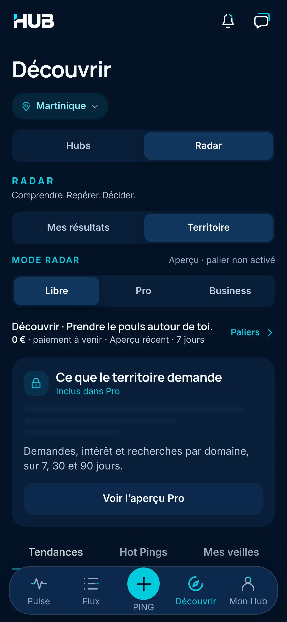 Écran de l’application HUB : le Radar dans Découvrir, avec ce que le territoire demande en Martinique et les modes Libre, Pro et Business.