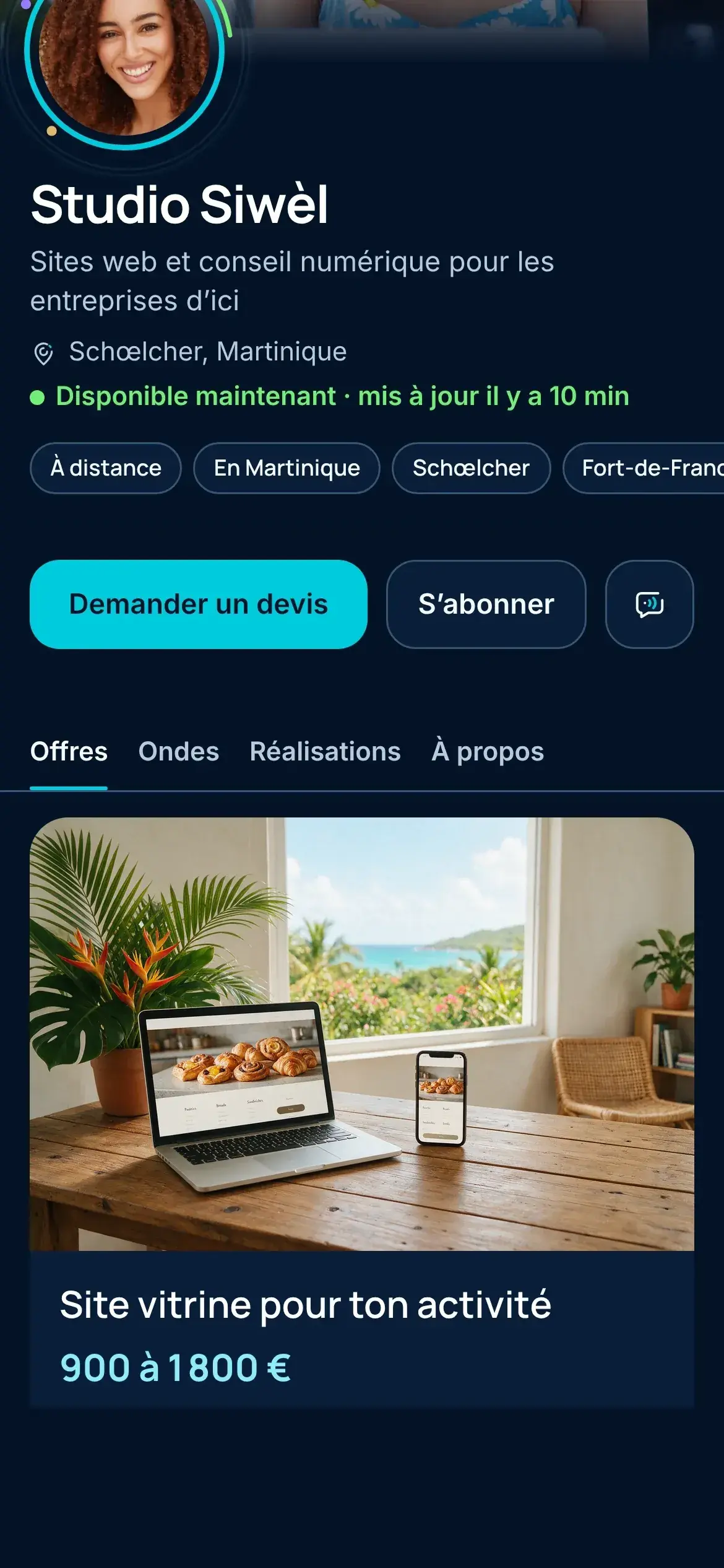 Studio Siwèl storefront, an example Hub: websites and digital consulting in Schœlcher, available now, the “Request a quote” button and the offer Website for your business, €900 to €1,800.