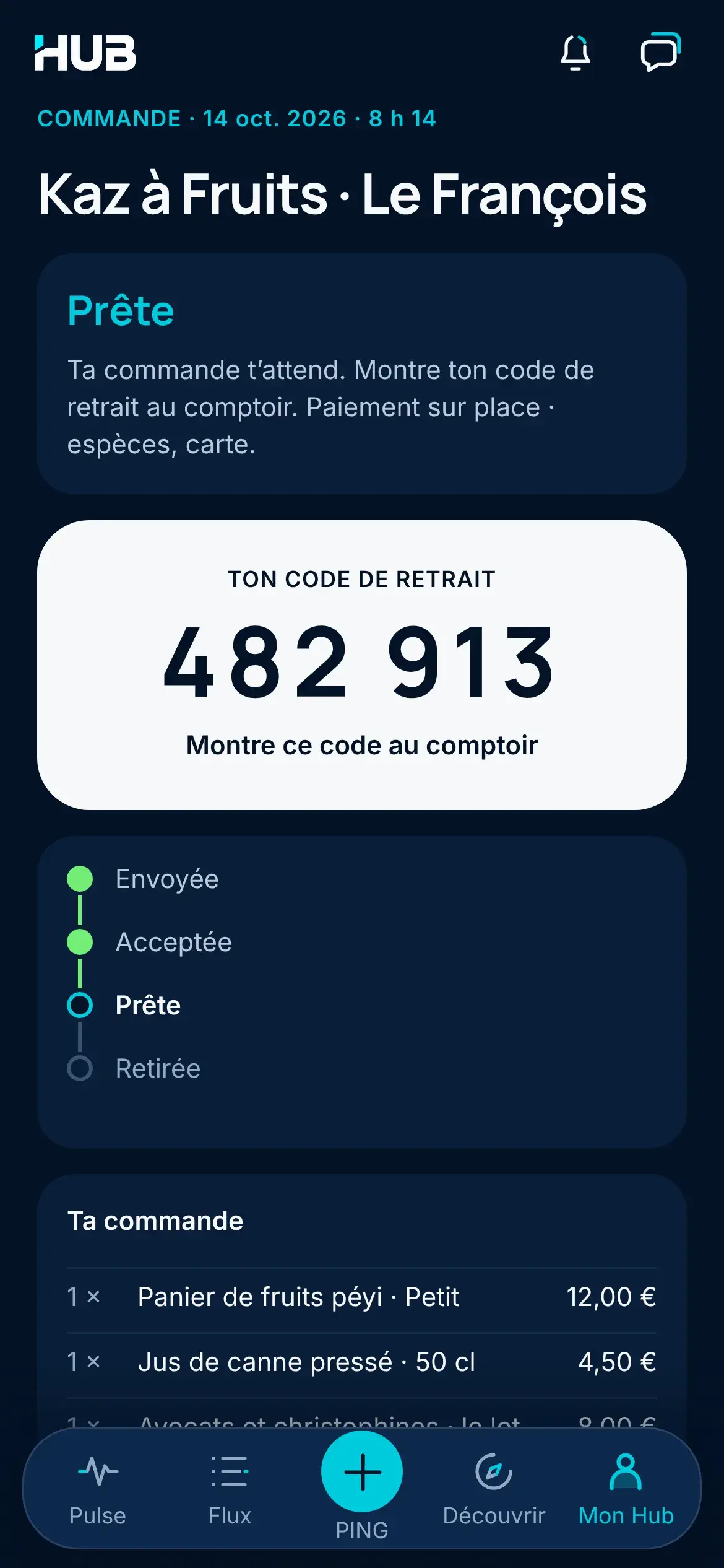 Commande prête chez Kaz à Fruits : le code de retrait 482 913 à montrer au comptoir, les étapes Envoyée, Acceptée, Prête et Retirée, et le récapitulatif de la commande.