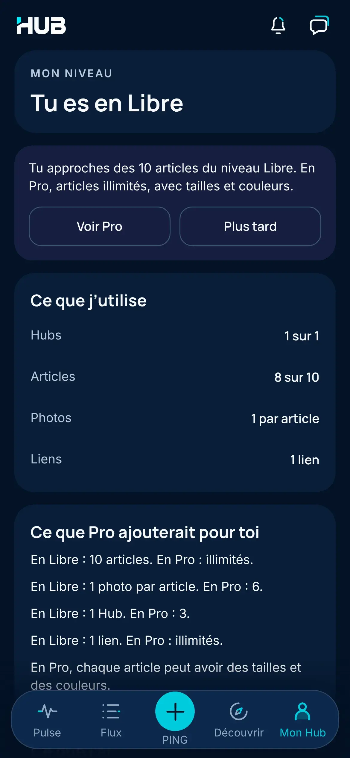 Écran Mon niveau de l’application HUB : « Tu es en Libre », 8 articles sur 10, ce que j’utilise et ce que Pro ajouterait pour toi.