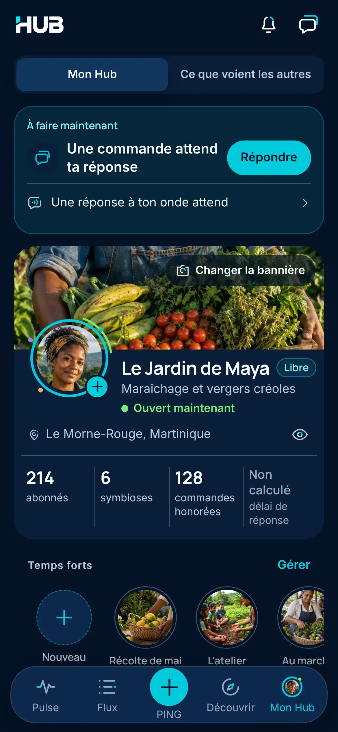Mon Hub du Jardin de Maya, un Hub d’exemple dans l’appli HUB : une commande attend sa réponse.