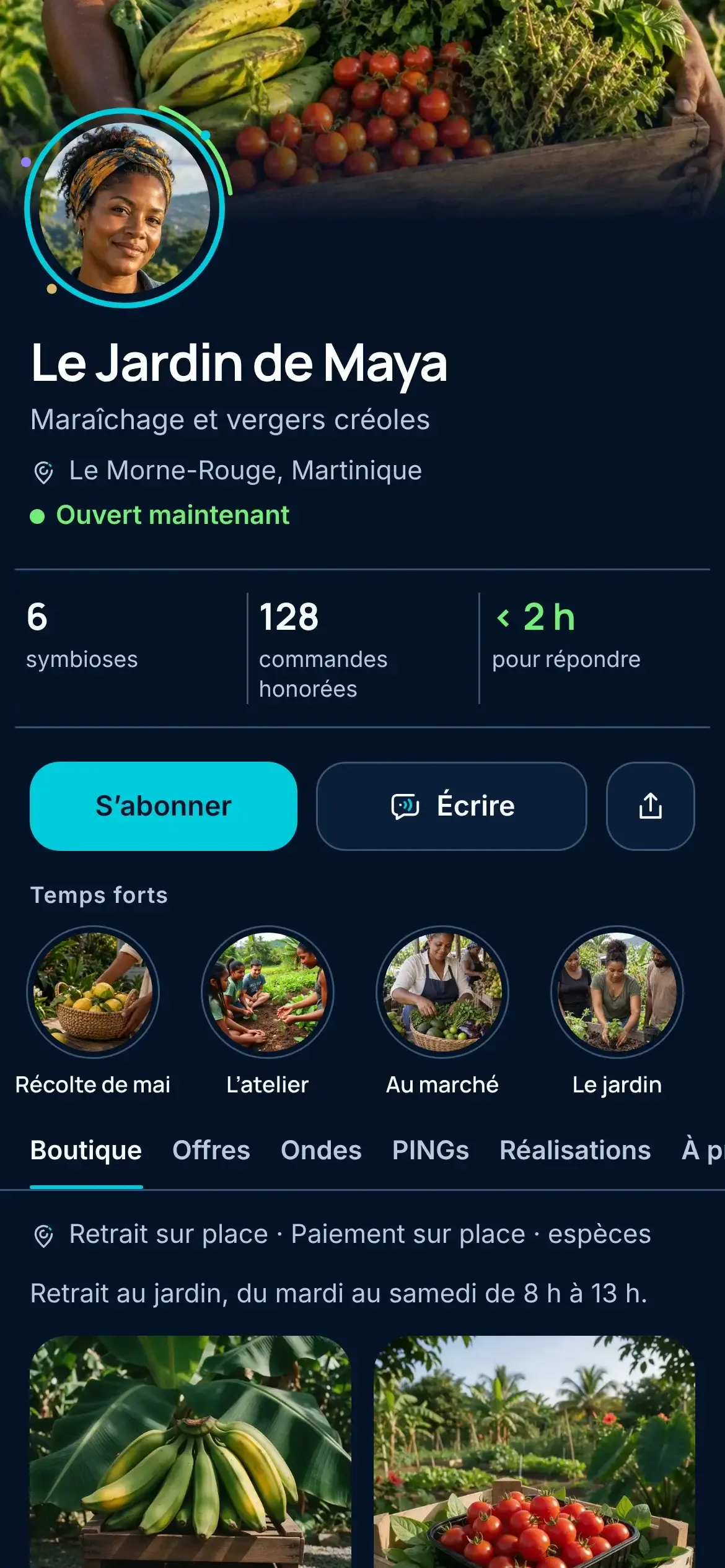 Storefront of Jardin de Maya, an example Hub in the HUB app: open now, Follow, Write, Shop.