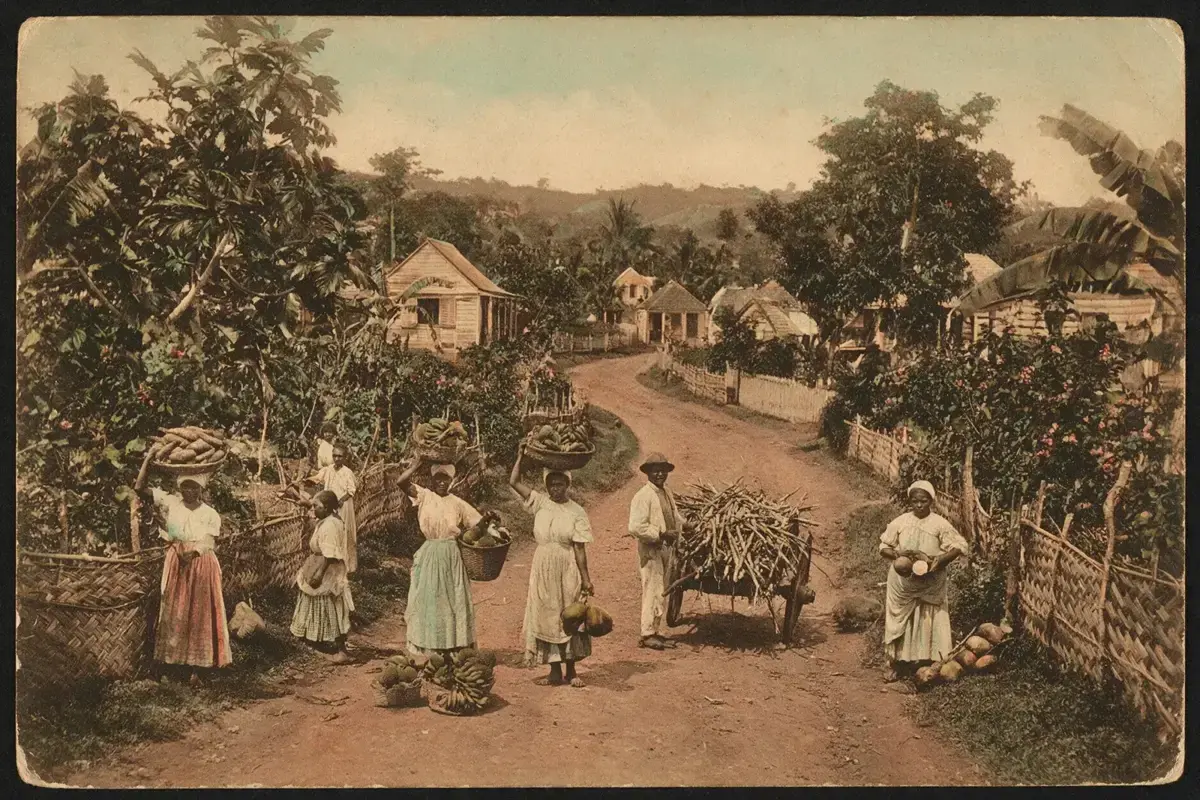 Illustration : carte postale d’antan, un chemin de campagne aux Antilles, des voisins portent leurs paniers vers le bourg, une charrette de cannes.