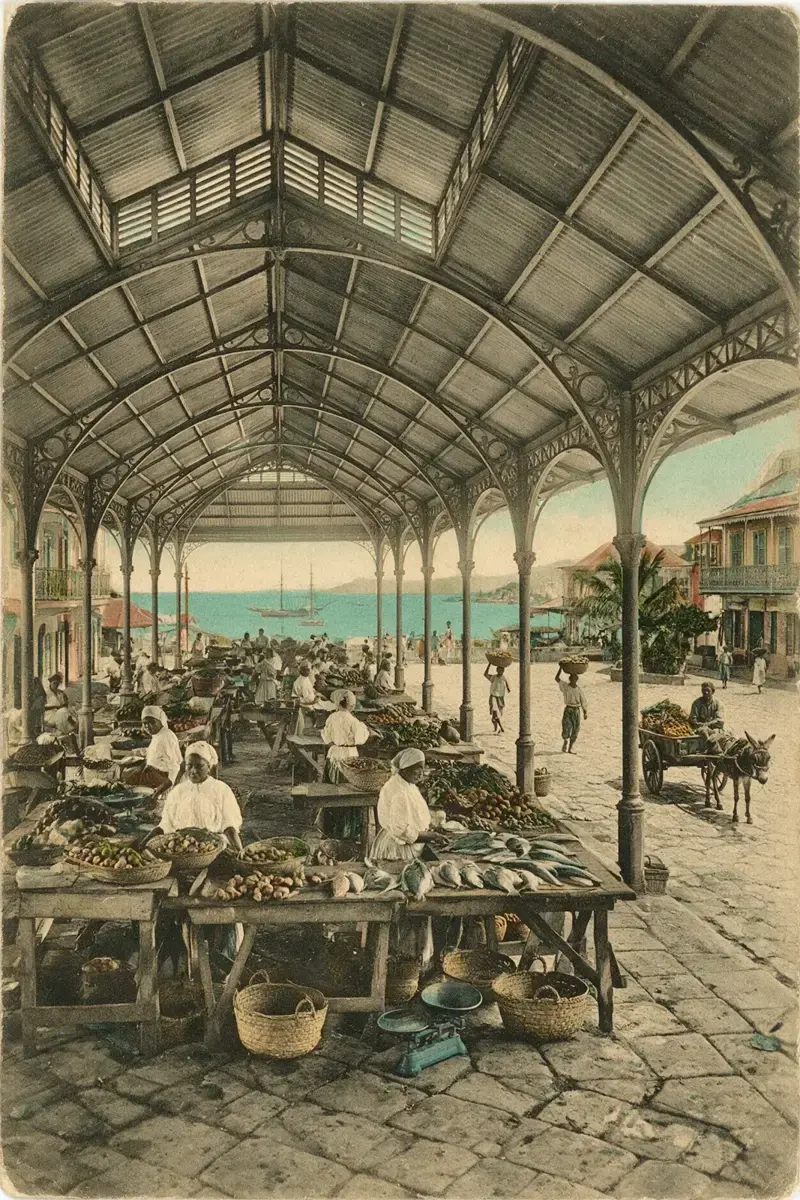 Illustration: old-time postcard, a Caribbean market hall, fish and vegetable stalls, the sea behind.