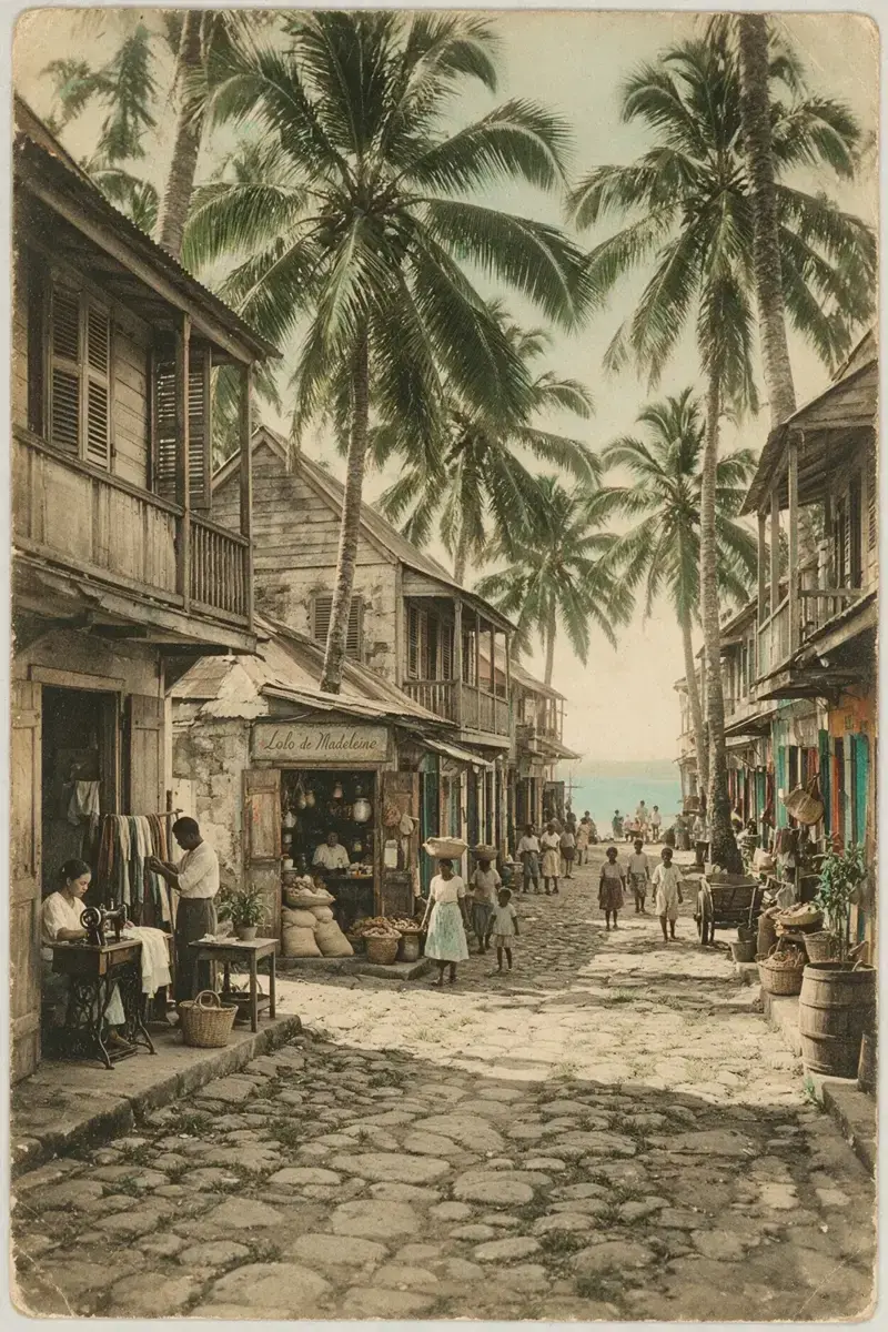 Illustration: old-time postcard, a Caribbean town street, shops under wooden balconies, the sea at the end of the street.