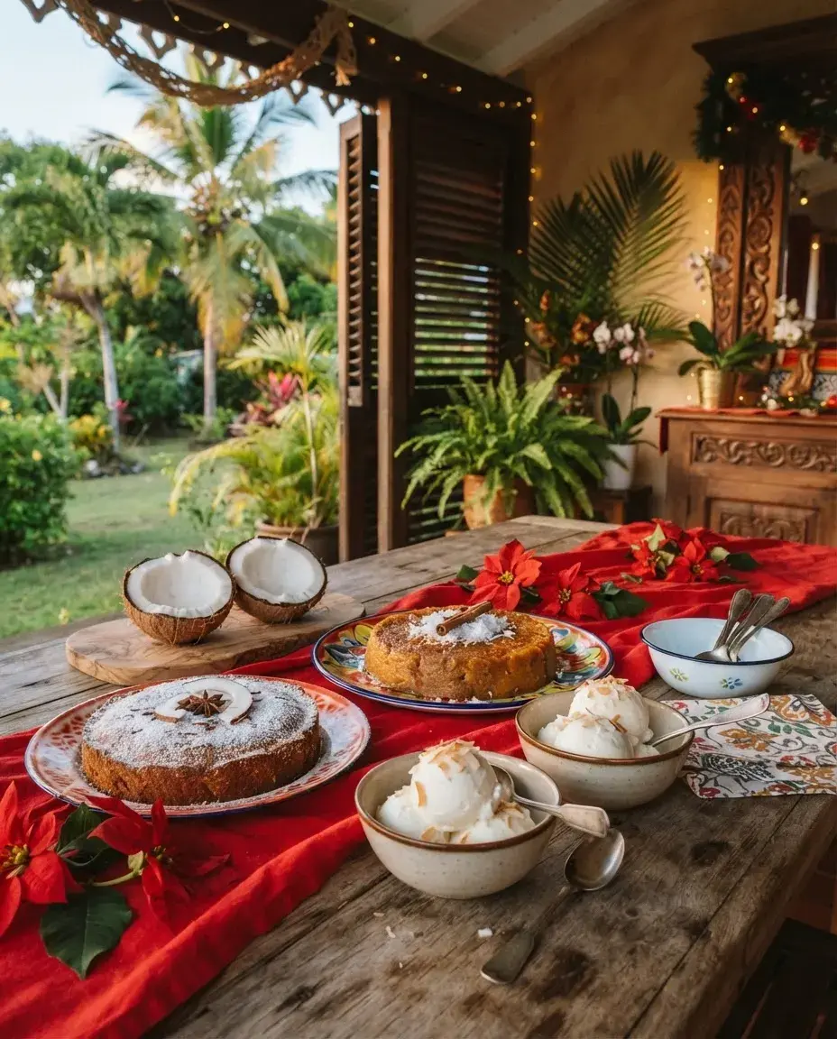 Illustration: coconut sorbet, cakes and coconuts on a Christmas table.
