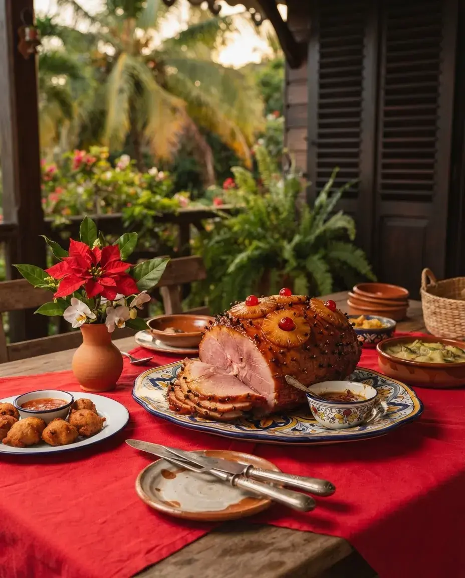 Illustration: a Christmas ham with pineapple and cloves on a red tablecloth, accras beside it.