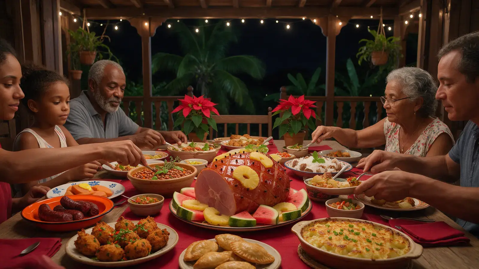 Illustration: a family around the Christmas table on a Creole veranda, ham with pineapple and cloves, blood sausage, accras, savoury pastries, pigeon peas, a red tablecloth and poinsettias.