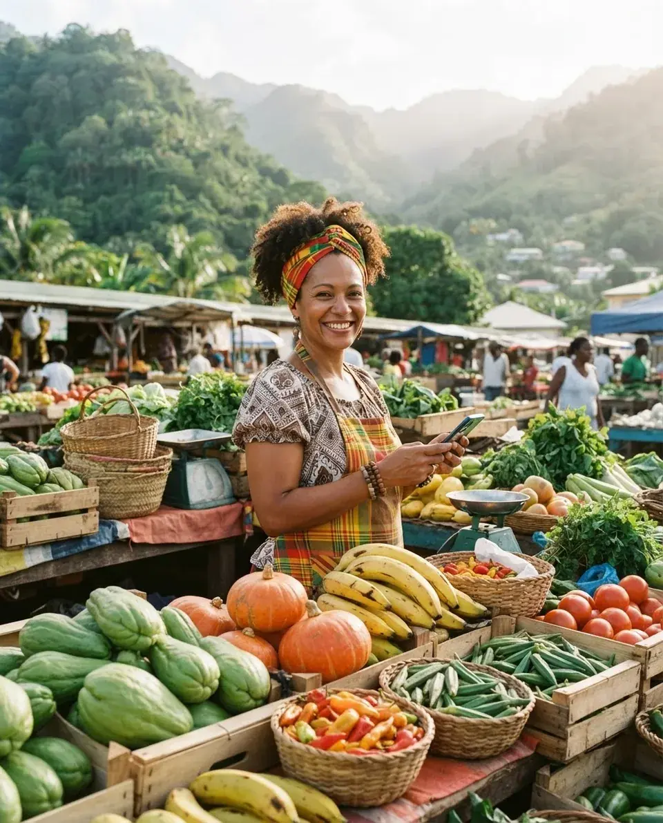 Illustration: a market gardener, phone in hand, at her stall of fruit and vegetables at the market.