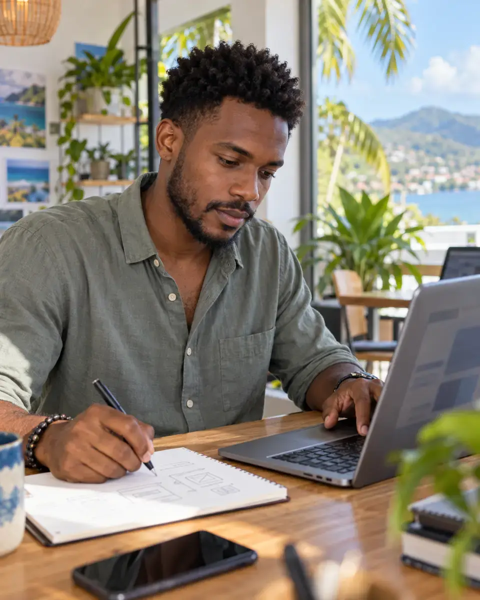 Un développeur caribéen travaille dans un espace de coworking lumineux : une main sur le clavier de son ordinateur, l’autre esquisse des écrans dans un carnet. Par la fenêtre, une baie et des mornes.