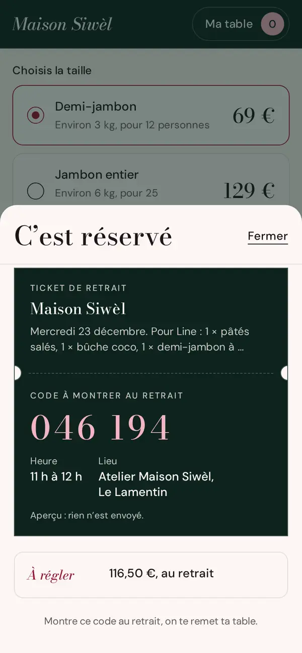 Thème Fèt sur téléphone : le ticket de retrait de la commande, avec son code.