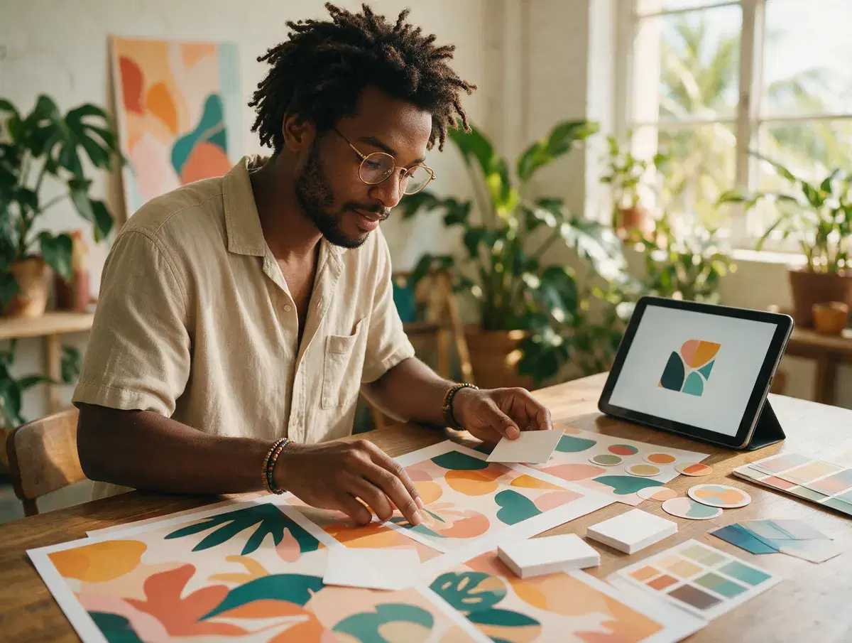 Un graphiste dispose des affiches, des cartes et des autocollants sur sa table, à côté d’une tablette qui affiche un logo.