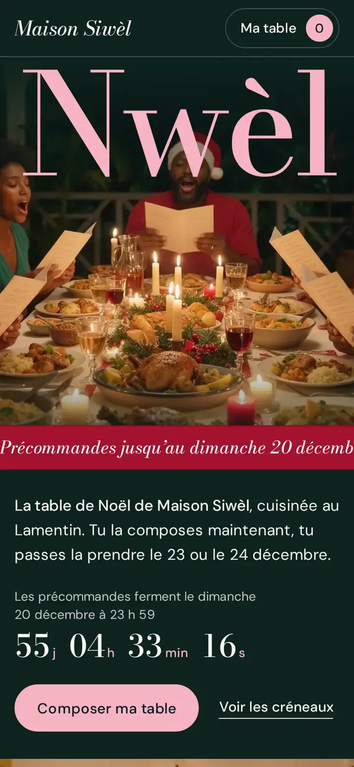 Thème Fèt sur téléphone : Maison Siwèl, un traiteur imaginé, et sa table de Noël à précommander.