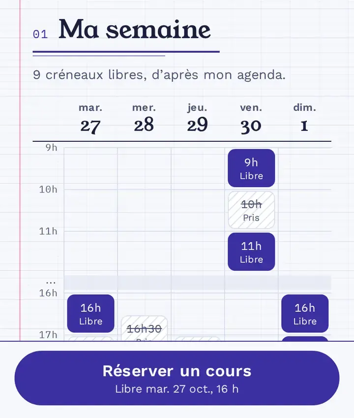 L’emploi du temps de la semaine, dans le thème Kaye