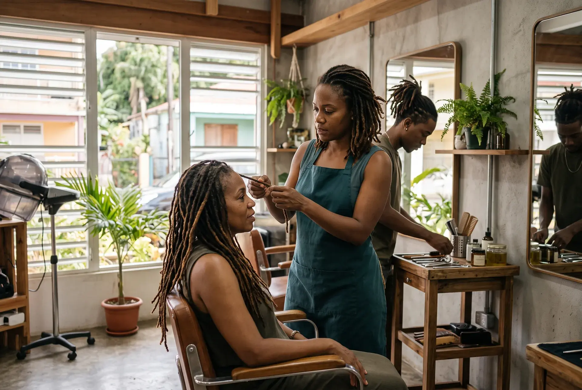 Scène illustrative : une coiffeuse locks et son équipe au travail dans un salon contemporain
