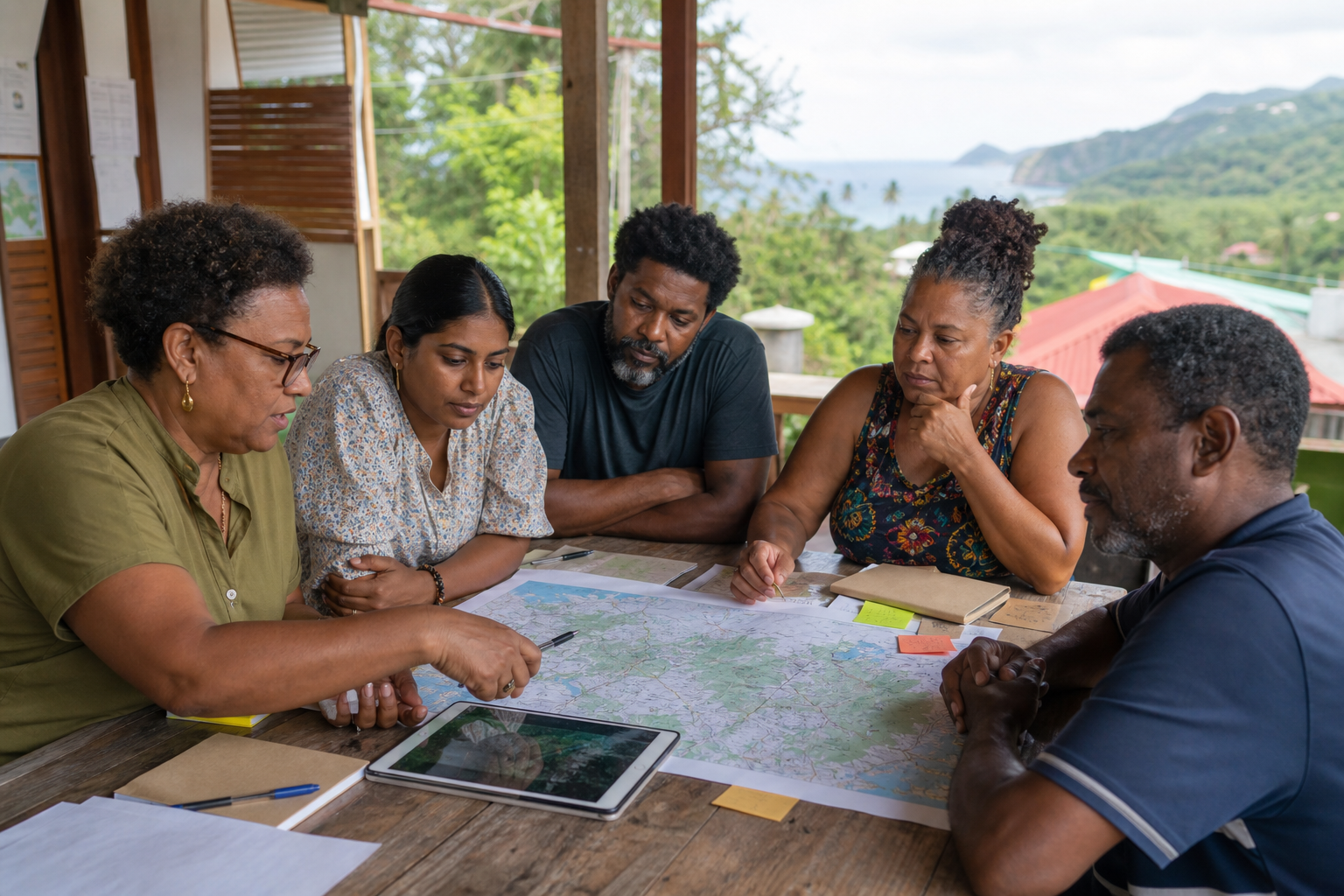 Illustration : cinq acteurs caribéens de générations différentes travaillent autour d’une carte du territoire et d’une tablette.