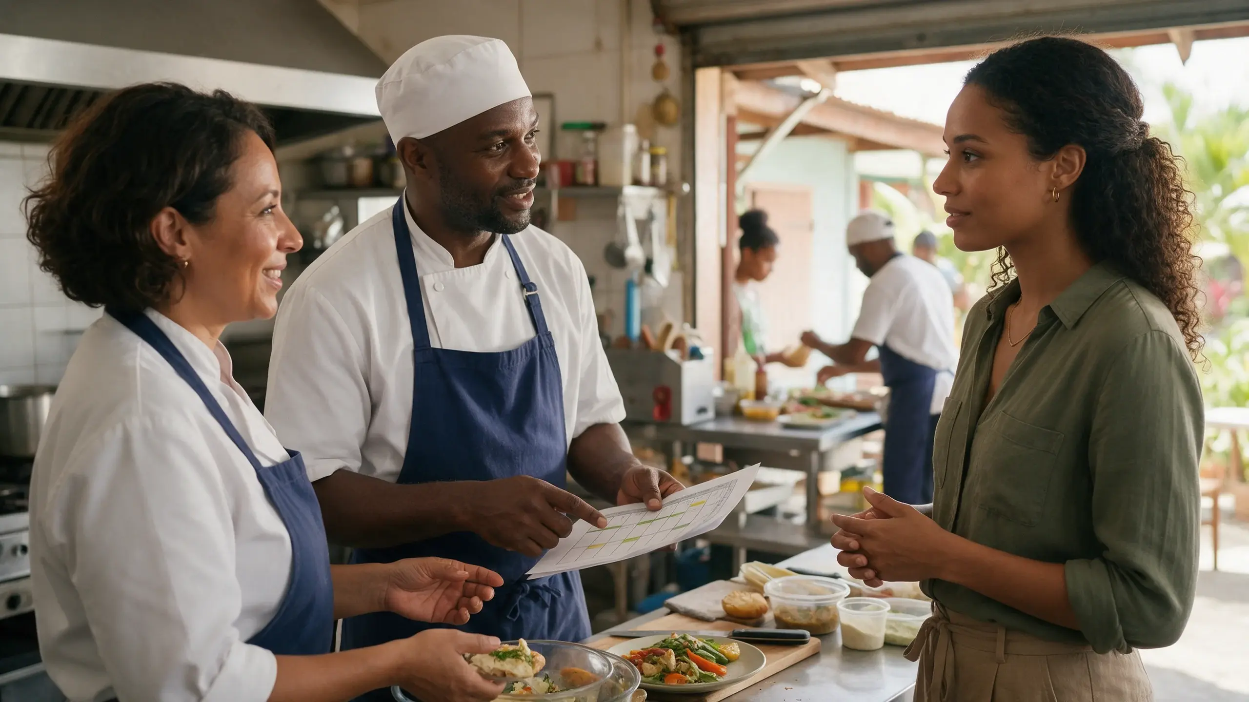 Une responsable de restauration et son chef échangent avec une candidate sur les compétences recherchées.