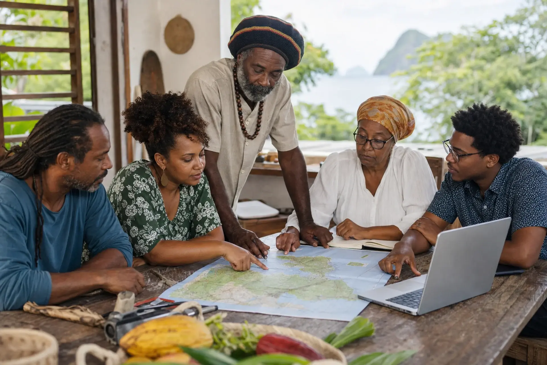 Groupe caribéen travaillant ensemble autour d’une carte territoriale