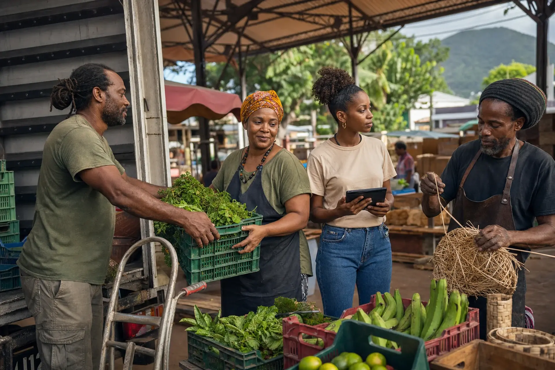 Producteurs, vendeuse, coordinatrice et artisan organisant une activité de marché