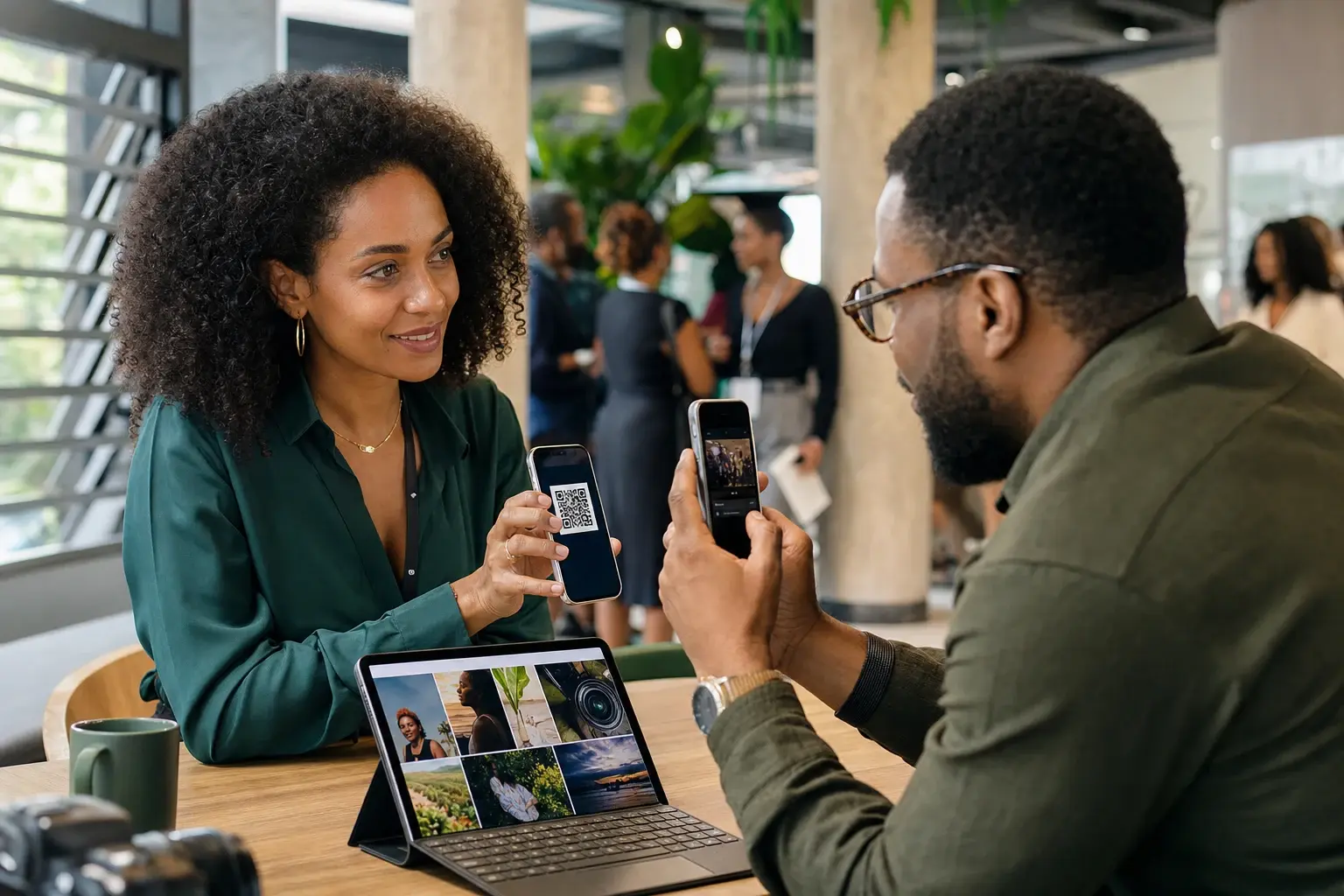 Illustration : pendant une rencontre professionnelle, une photographe montre son portfolio sur tablette et partage son contact par QR code.