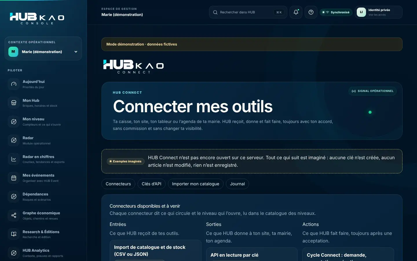 HUB Connect dans la Console, en démonstration : la page Connecter mes outils, avec les connecteurs rangés par sens et le bandeau Exemples imaginés.