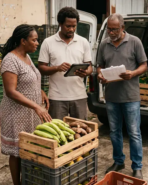 Illustration : une productrice apporte une caisse de bananes vertes et de racines ; deux acheteurs vérifient la commande sur une tablette.