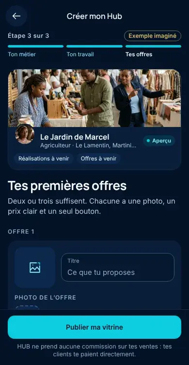 Écran de l’appli HUB : « Tes premières offres », une offre à remplir avec sa photo, et le bouton « Publier ma vitrine ».