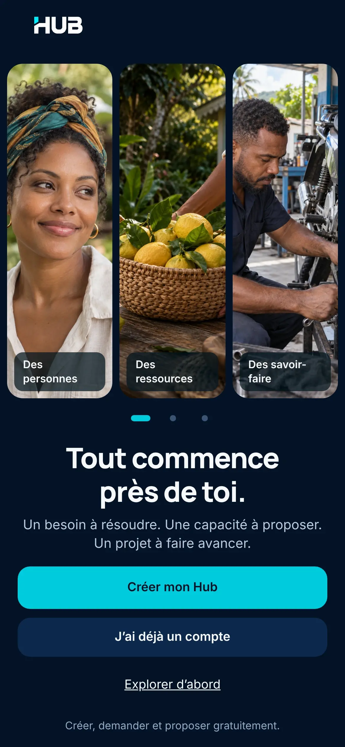 Accueil de l’application HUB : des personnes, des ressources et des savoir-faire, avec « Créer mon Hub ».