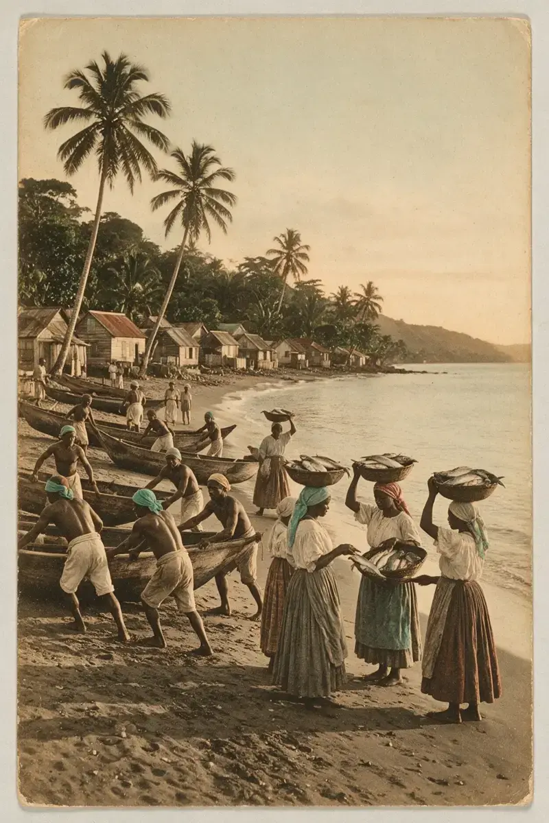 Illustration : carte postale d’antan, le retour de la pêche sur une plage des Antilles, on tire la yole sur le sable et les paniers passent de main en main.