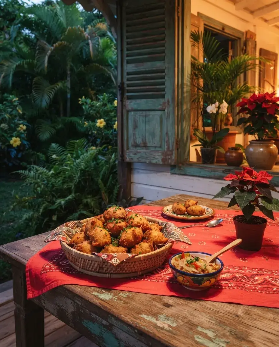 Illustration: a basket of accras on a red tablecloth, on a veranda.