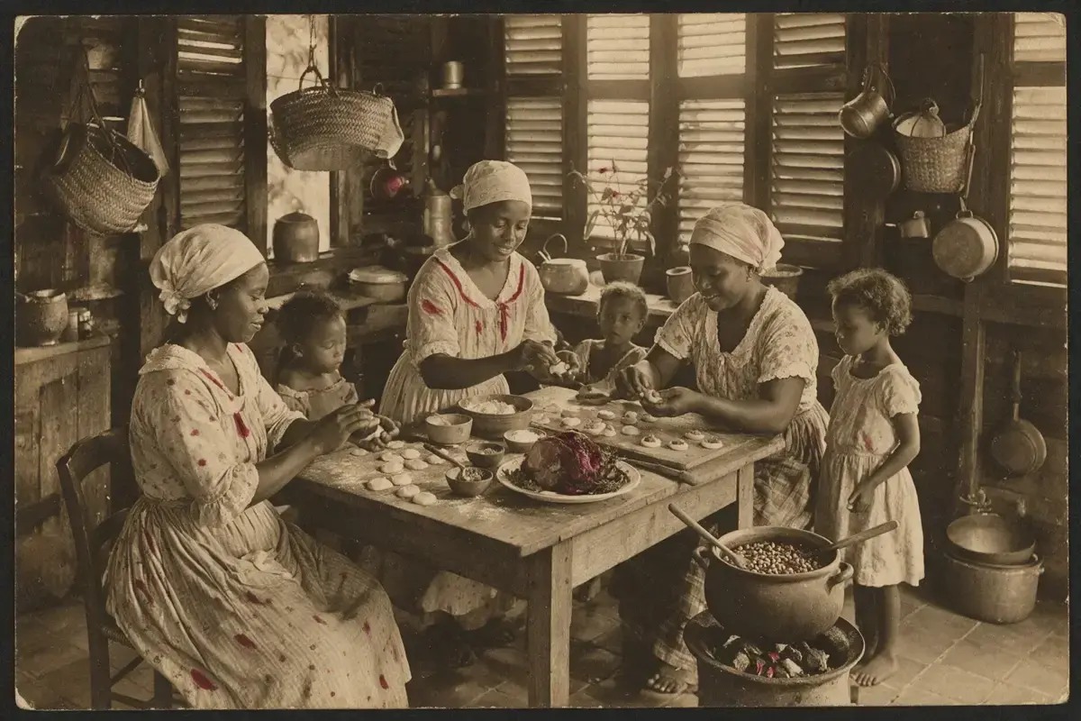 Illustration: old-time postcard, women and children making Christmas pastries in a Creole kitchen.