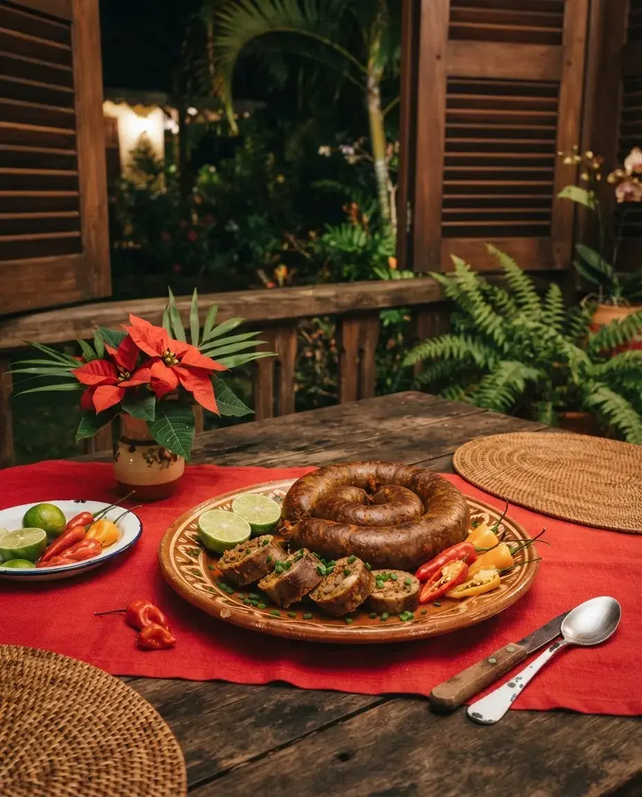 Illustration: a coiled Creole blood sausage on a plate, red tablecloth and poinsettia.