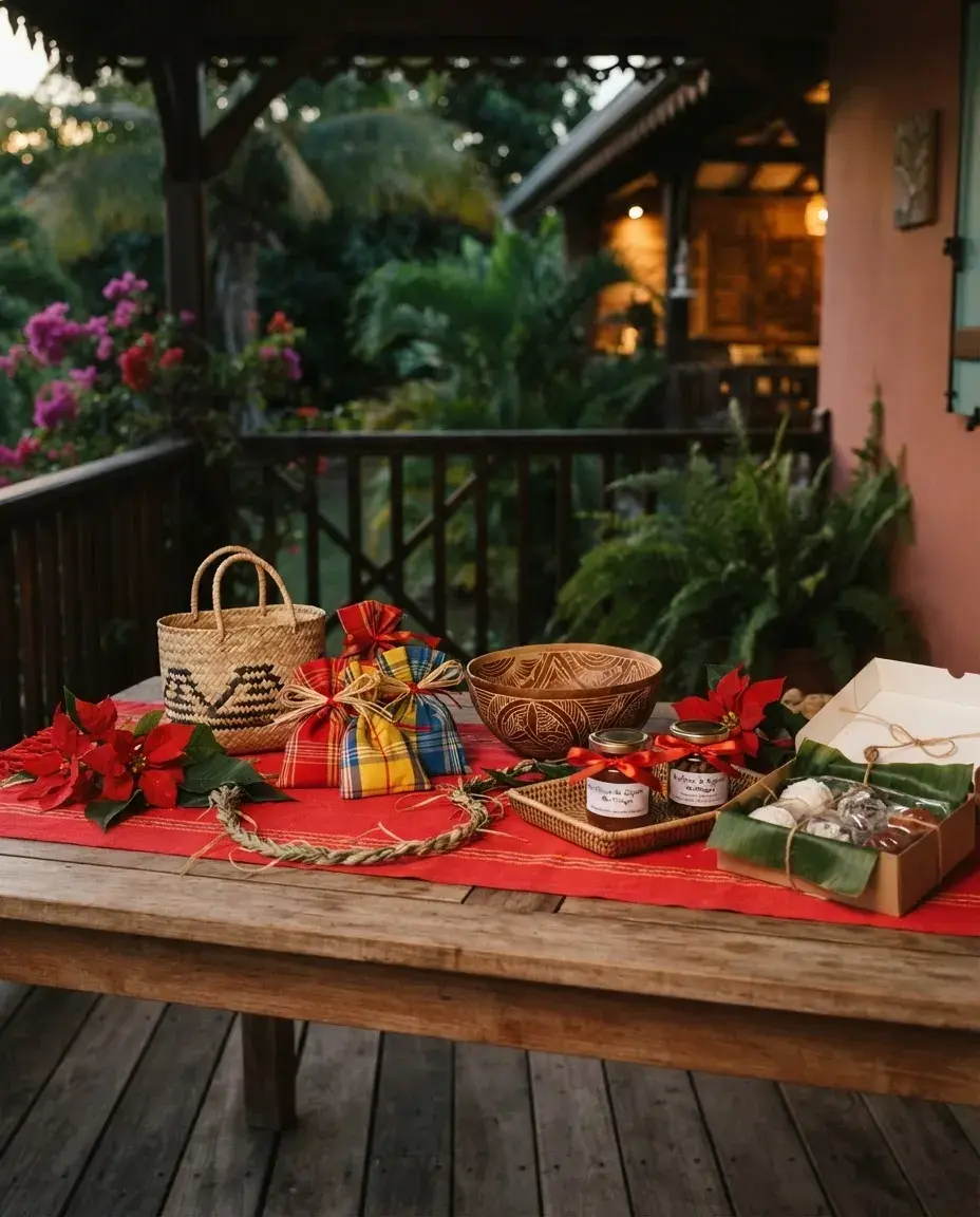 Illustration: gift boxes, a woven basket and handmade jars on a Christmas table.