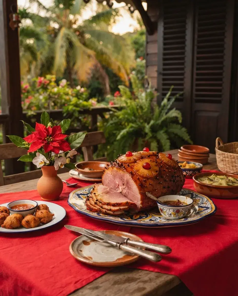 Illustration: a Christmas ham with pineapple and cloves on a red tablecloth, accras beside it.