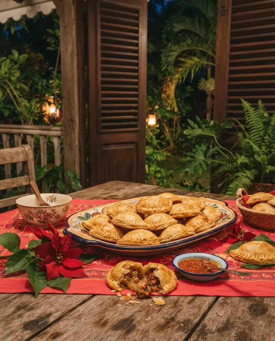 Illustration: a dish of golden savoury pastries on a Christmas table.