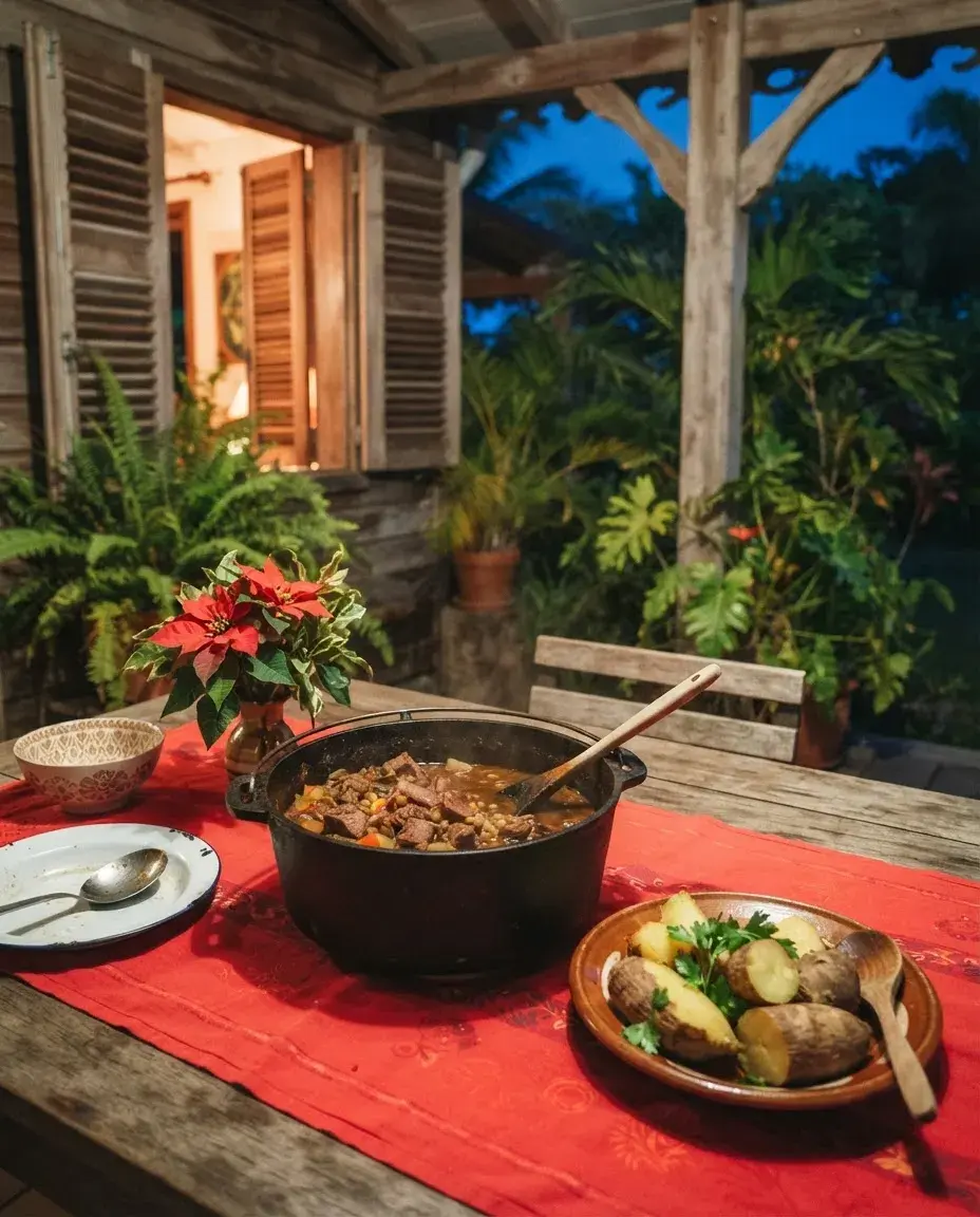 Illustration: a pot of pork stew, pigeon peas and yams on a Christmas table.