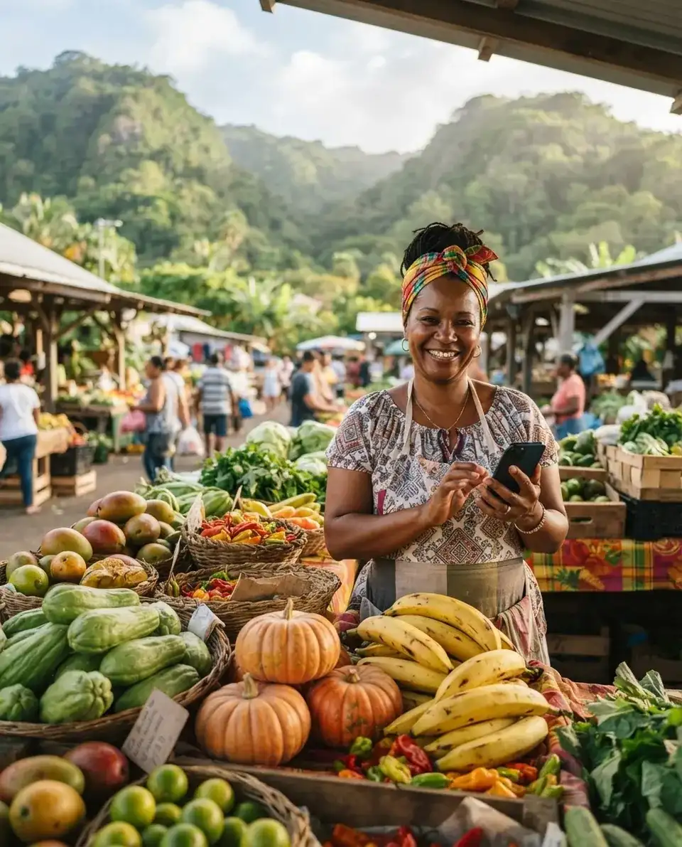 Illustration: a market gardener smiles behind her stall of fruit and vegetables at the market, phone in hand.