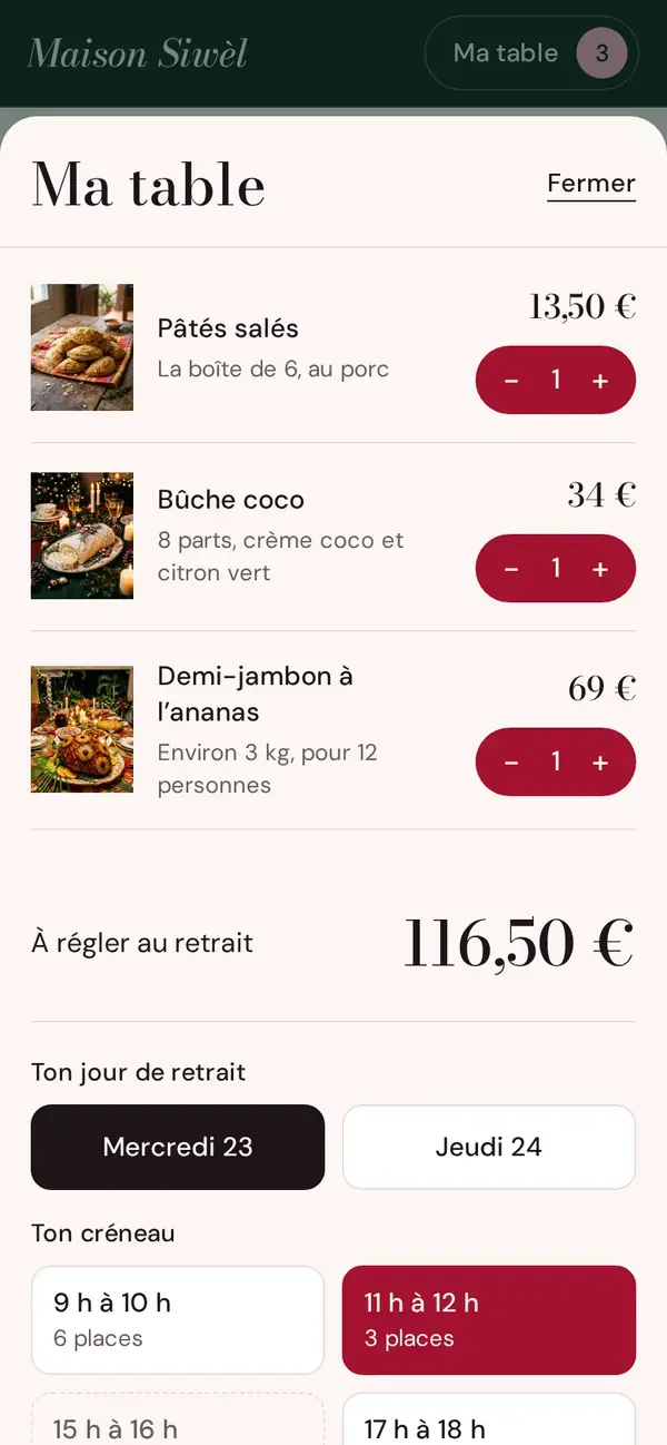 Thème Fèt sur téléphone : le choix du jour et du créneau de retrait.