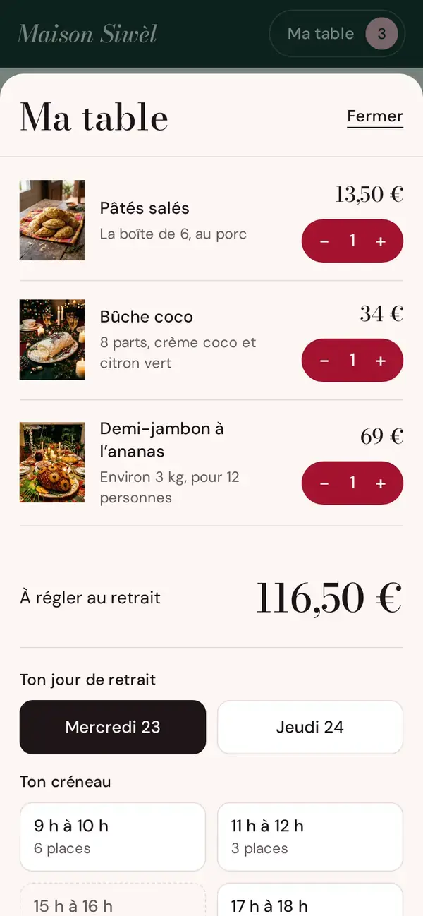Thème Fèt sur téléphone : le client compose sa table de Noël chez un traiteur imaginé.