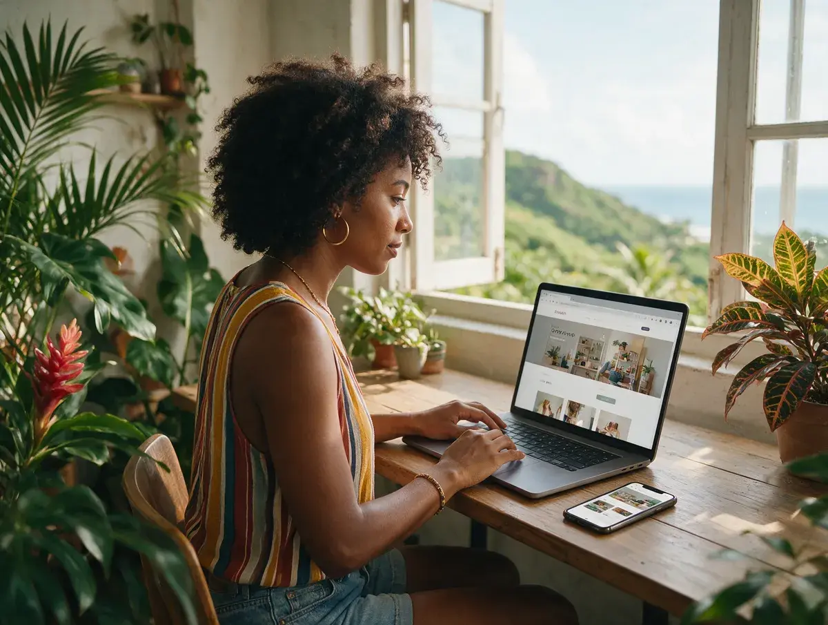 Une créatrice de sites compose une boutique sur son ordinateur portable, dans un studio lumineux ouvert sur les mornes et la mer.