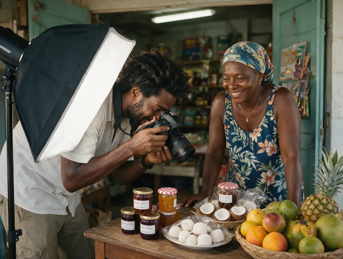 Un photographe prend en photo des confitures, des sucres à coco et des fruits sous une boîte à lumière, à côté de la commerçante souriante.